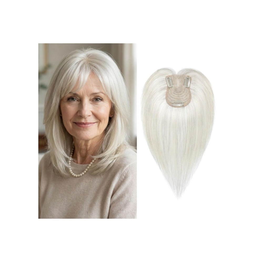 SEIKEA 10in Human Hair Topper with Bangs Silver White Clip In Hairpiece 22g